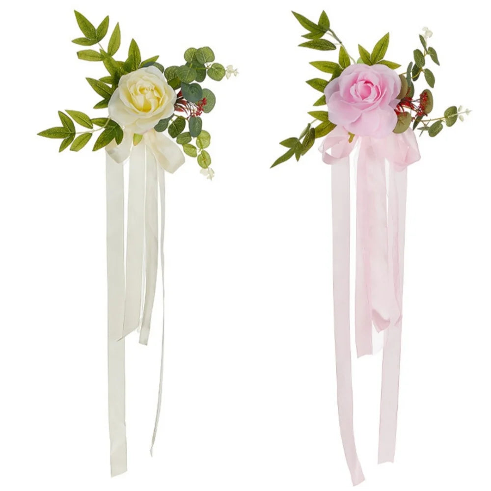 1pcs Wedding Aisle Decoration Pew Flowers with Artificial Rose Eucalyptus Ribbon for Wedding Ceremony Church Chair Decor Oasis Select