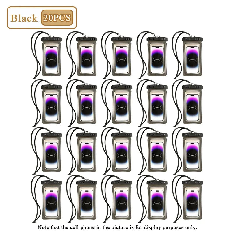 1-20PCS High Transparency Waterproof Phone Pouch with Air Cushion Floating Touch Screen Compatible for Swimming Rafting Beach Oasis Select Black-20PCS