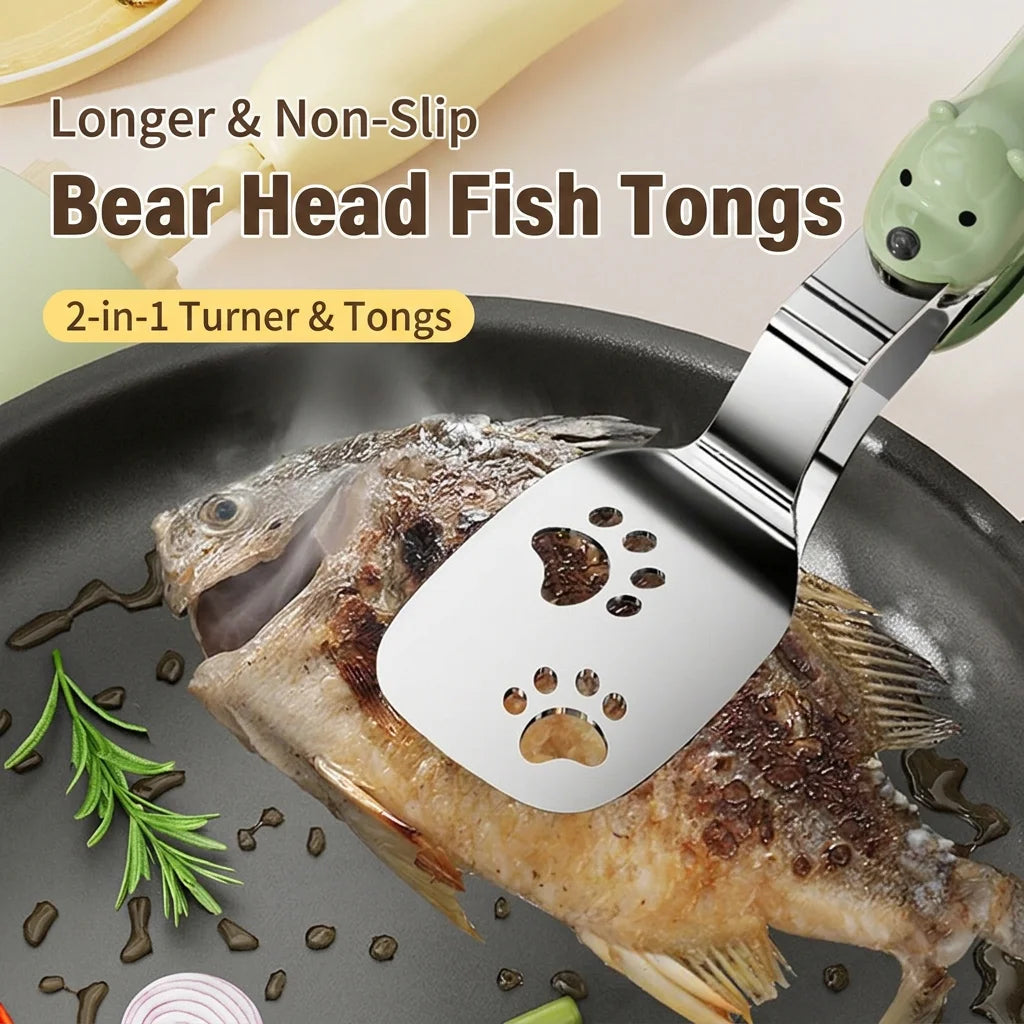 Bear Fish Tongs Flipper Stainless Steel Kitchen Home Utensil Spatula Turner Non Slip Handle Cooking BBQ Grilling Tools Oasis Select