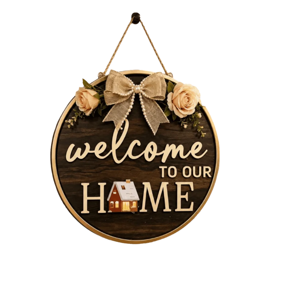 Creative 2D Flat Welcome Sign Wooden Bow Knot Hanging Decoration Flower Round Shape Wall Art Porch Decor Oasis Select Style D