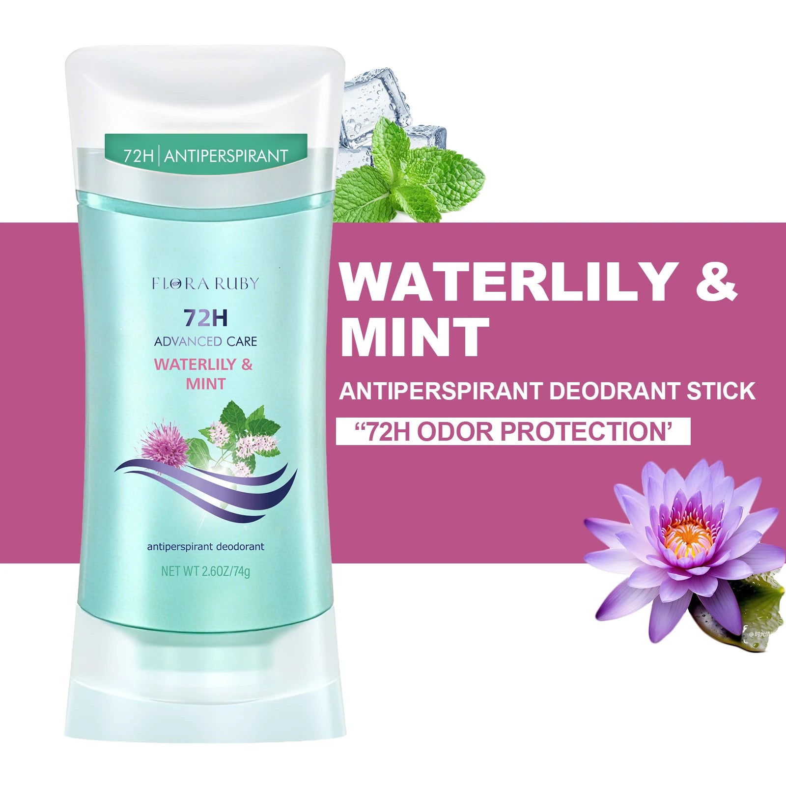 Flora Ruby Deodorant Stick, Deodorant Balm, 72 hours Long lasting and refreshing, Floral fragrance Natural Formula Oasis Select Waterlily