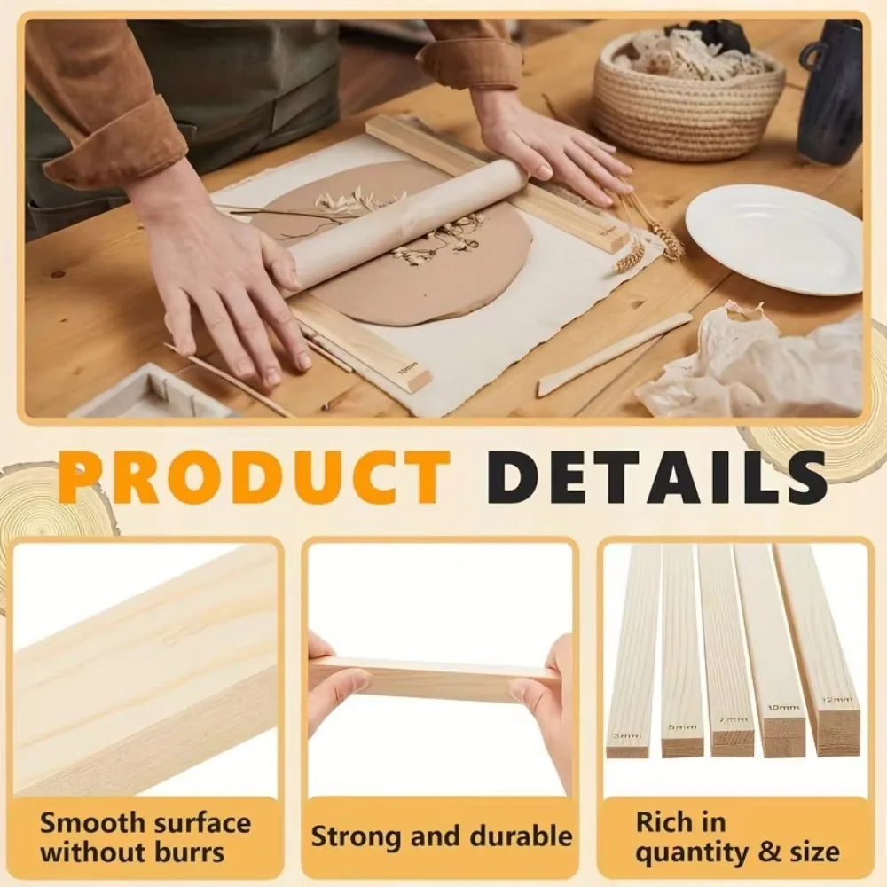 8pcs Wooden Slab Rolling Guides Set Thickness Strips Light Beige Rolling Pin Guides Smooth 3mm/5mm/7mm/10mm Clay Roller Rails Oasis Select