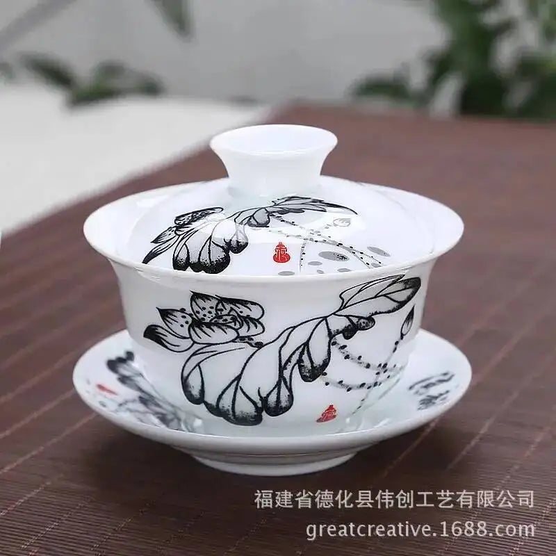 3.8-inch White Porcelain Big Cover Bowl Ceramic Tea Sancai Cover Bowl Blue And White Tea Bowl Oasis Select Wash Lotus