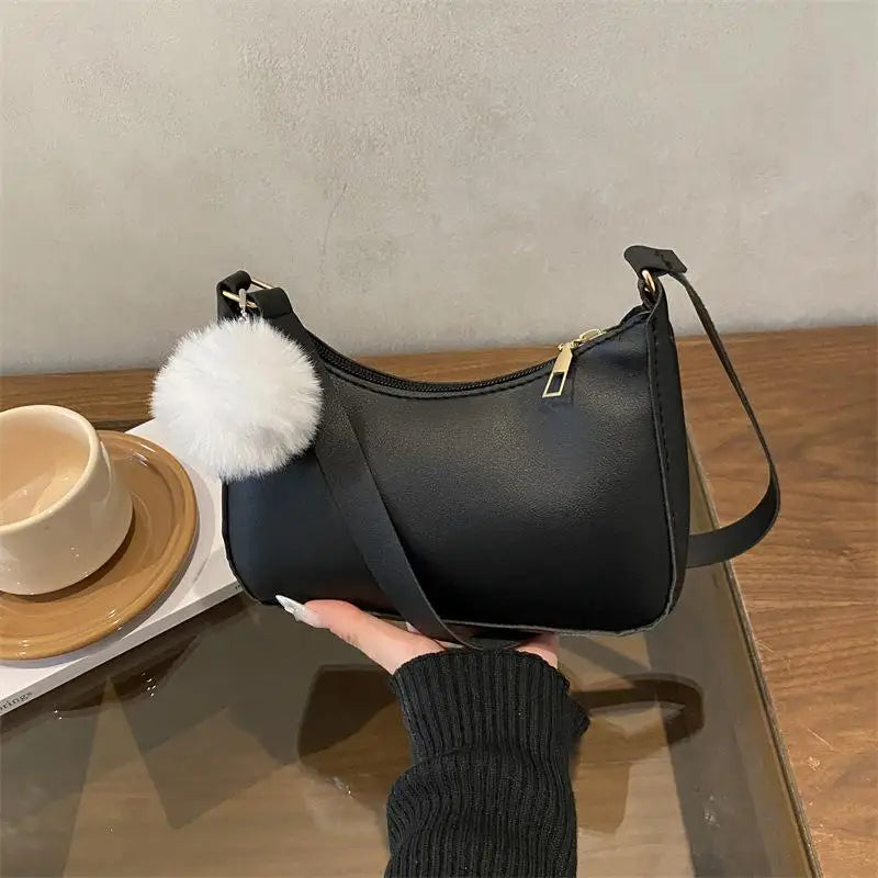 Women's PU Leather Hobo Shoulder Bag with Pom-Pom Charm