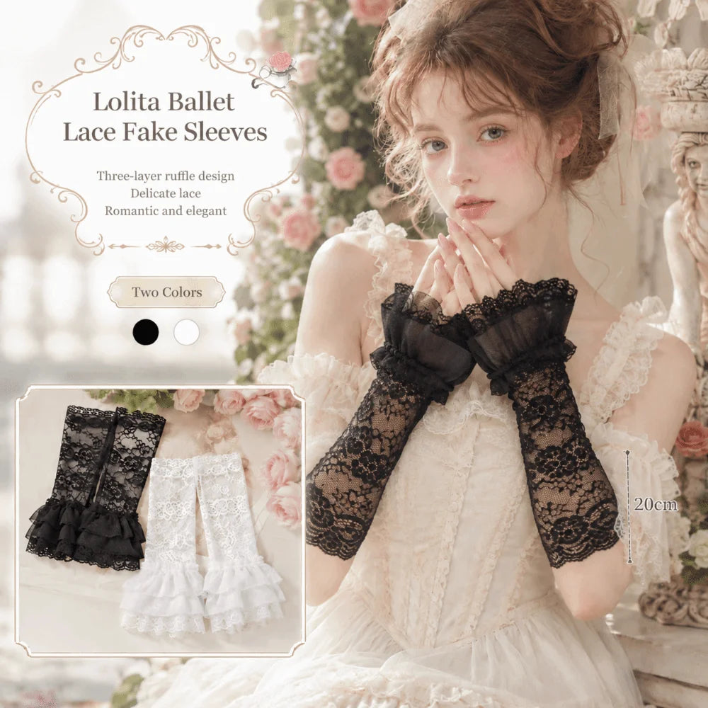 Ruched Pleated Detachable Cuffs 3 Layers Lolita Fake Flared Sleeves Fingerless Gloves Ballet Style Lace Fake Sleeves Cuff Oasis Select