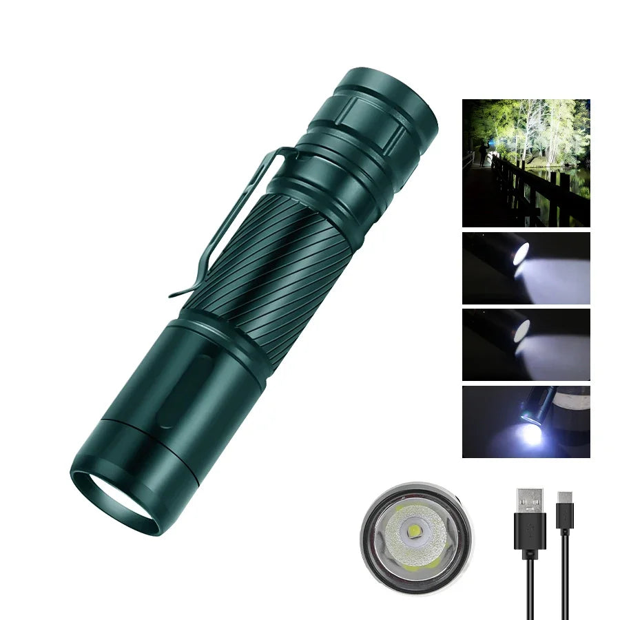 KDULIT Powerful LED Flashlight Aluminum Alloy Tactical Torch Built-in Battery Type-C Rechargeable Waterproof Emergency Light Oasis Select Green 1pc