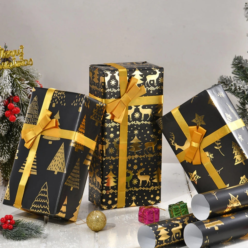 Black and Gold Foil Christmas Wrapping Paper – Reindeer & Snowflake Design on Glossy Coated Sheets for Holiday Gifts Oasis Select