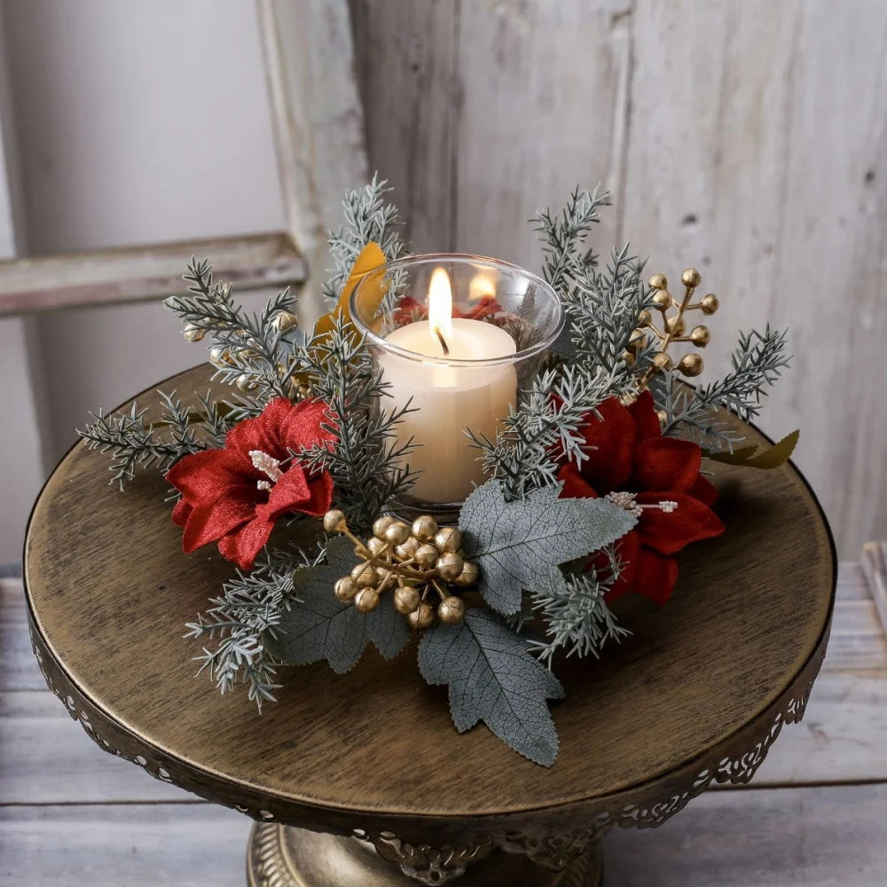 Christmas Candlestick Wreath Red Fruit Artificial Flowers Candle Ring Xmas New Year Table Decoration Candle Holder Garland Oasis Select