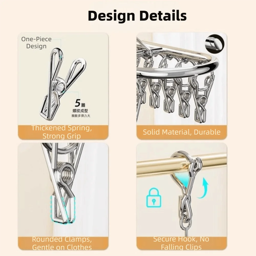 Stainless Steel Sock Drying Rack – 20 or 30 Windproof Clips