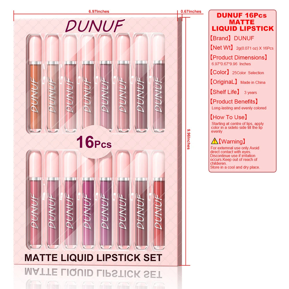 Matte Lip Gloss 16pc/set: Waterproof Lipstick Moisturizing Long Lasting Non-Stick Cup, Nude, Y2K Christmas Valentine's Day Gifts Oasis Select