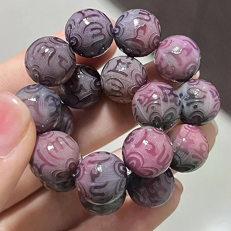 Natural Purple Bodhi Root Beaded Bracelet Buddhist Beads Rosary Beads Carved Lucky Jewelry Oasis Select