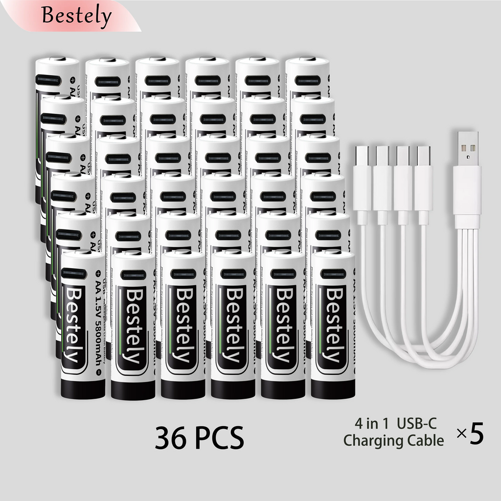 AA Rechargeable Batteries 1.5V 5800mAh Li-ion Battery Long-Lasting High Capacity Lithium Akku, 2000 Cycle with Free USB-C Cables Oasis Select 36 pcs batteries