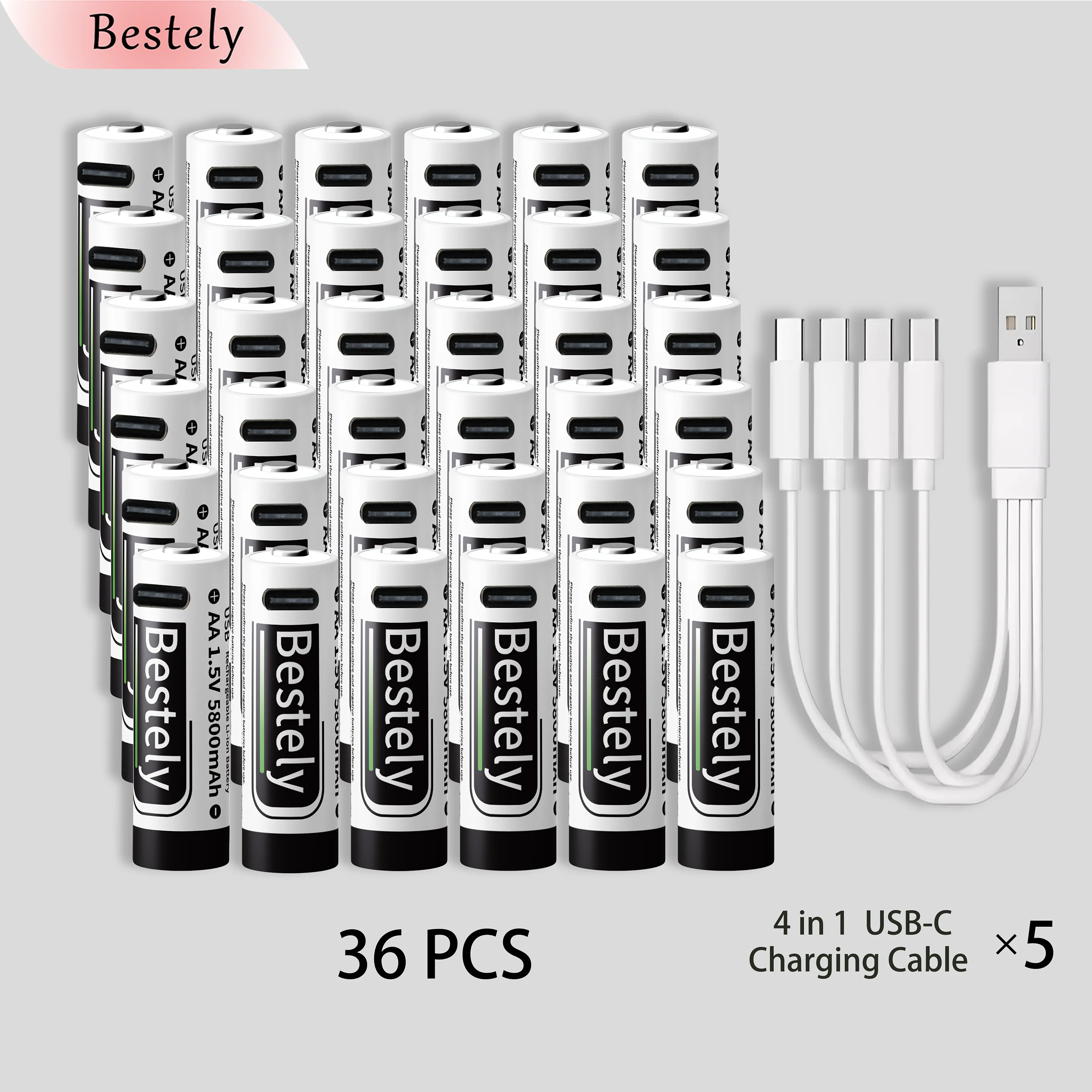 AA Rechargeable Batteries 1.5V 5800mAh Li-ion Battery Long-Lasting High Capacity Lithium Akku, 2000 Cycle with Free USB-C Cables Oasis Select 36 pcs batteries