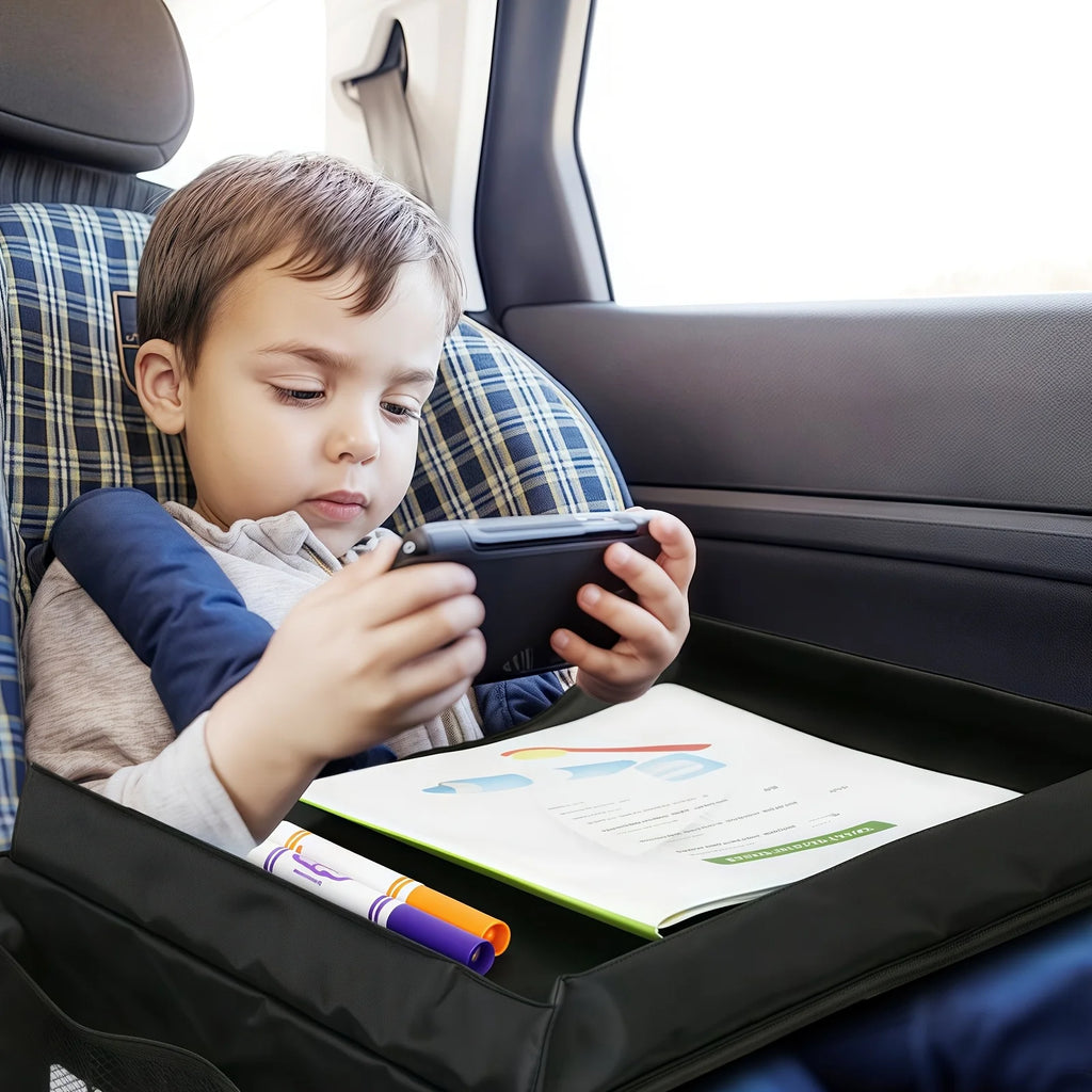 Foldable & Expandable Car Seat Travel Tray with Multiple Storage Pockets - Lightweight, Wall-Mountable Design for Airplane, Car Oasis Select