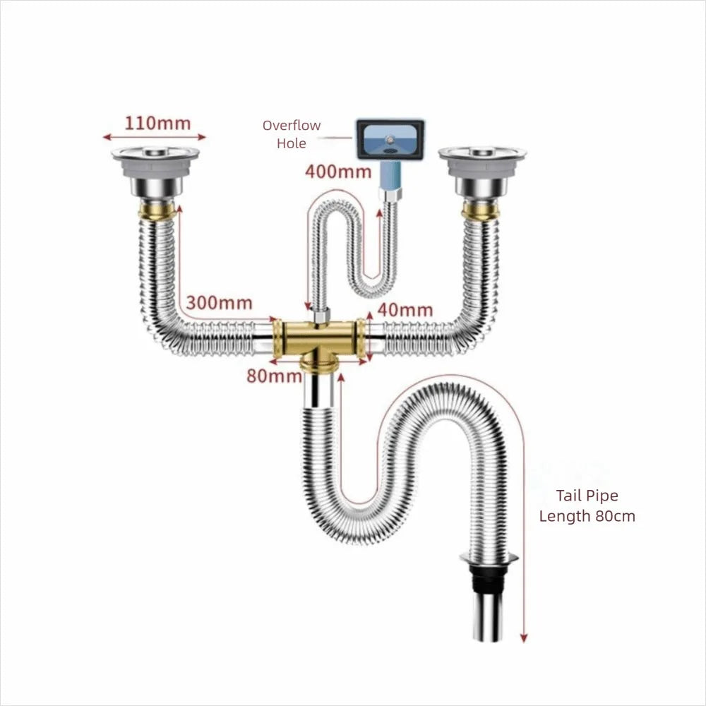 Stainless Steel Sink Drain Pipe Set Easy Install Space Saving Anti-Leak Drainage Kit Single/Double Bowl Anti Clogging Drain Hose Oasis Select Double-slot
