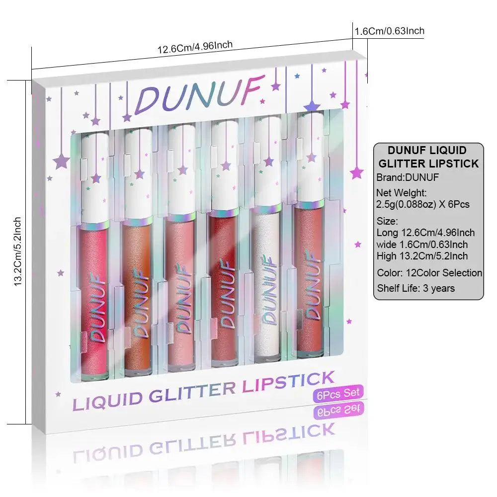 DUNUF 6-Piece Shimmer Lipstick Set – Metallic Gloss & Waterproof