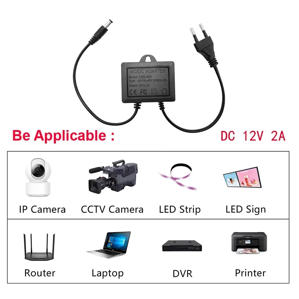 2pcs Power Adapter DC12V 2A EU Plug Input AC110V-240V Outdoor Waterproof For CCTV Surveillance Camera Charger NVR DVR Router LED Oasis Select