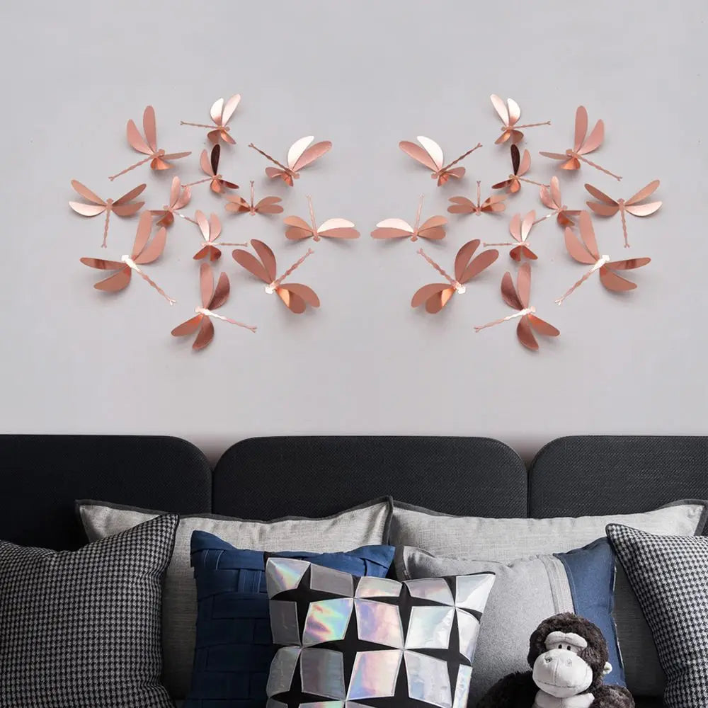 12-Pack 3D Dragonfly Wall Stickers – Gold Silver Rose Gold