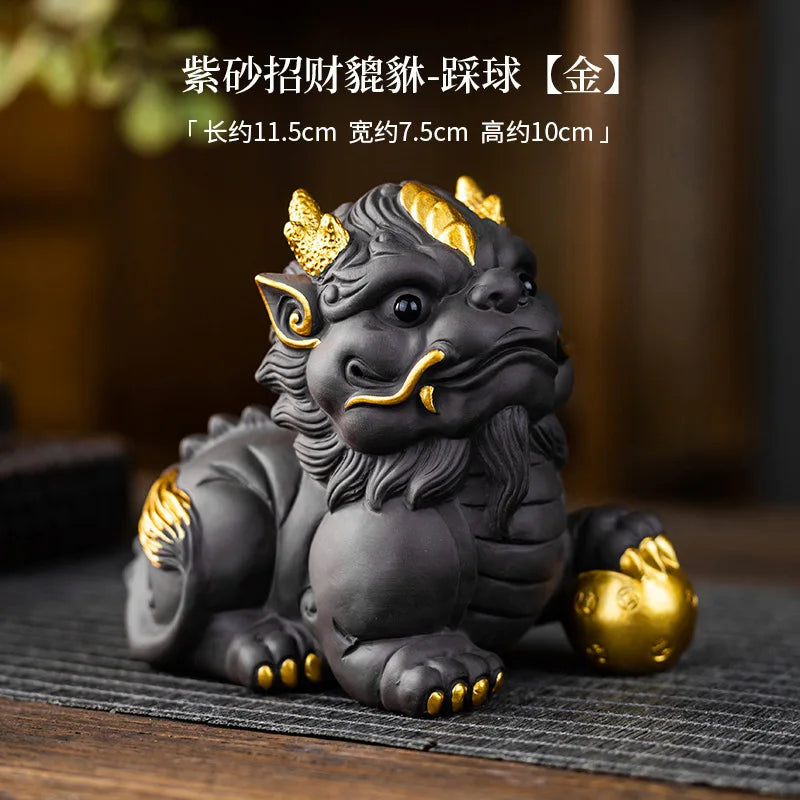 Lucky Pixiu Purple Clay Tea Pet Tea Play Nurturable Home Office Ceramic Desktop Decoration Tea Tray Tea Table Small Accessories Oasis Select - Ball Stepping Gold