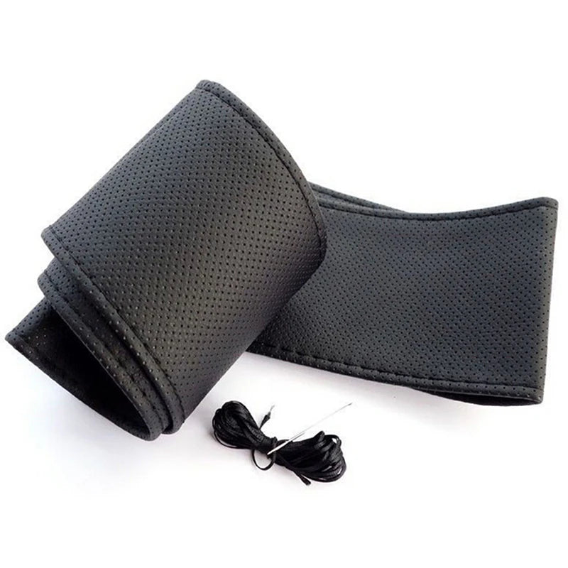 New Car Truck Leather Steering Wheel Cover With Needles and Thread Black DIY Oasis Select One Size Black