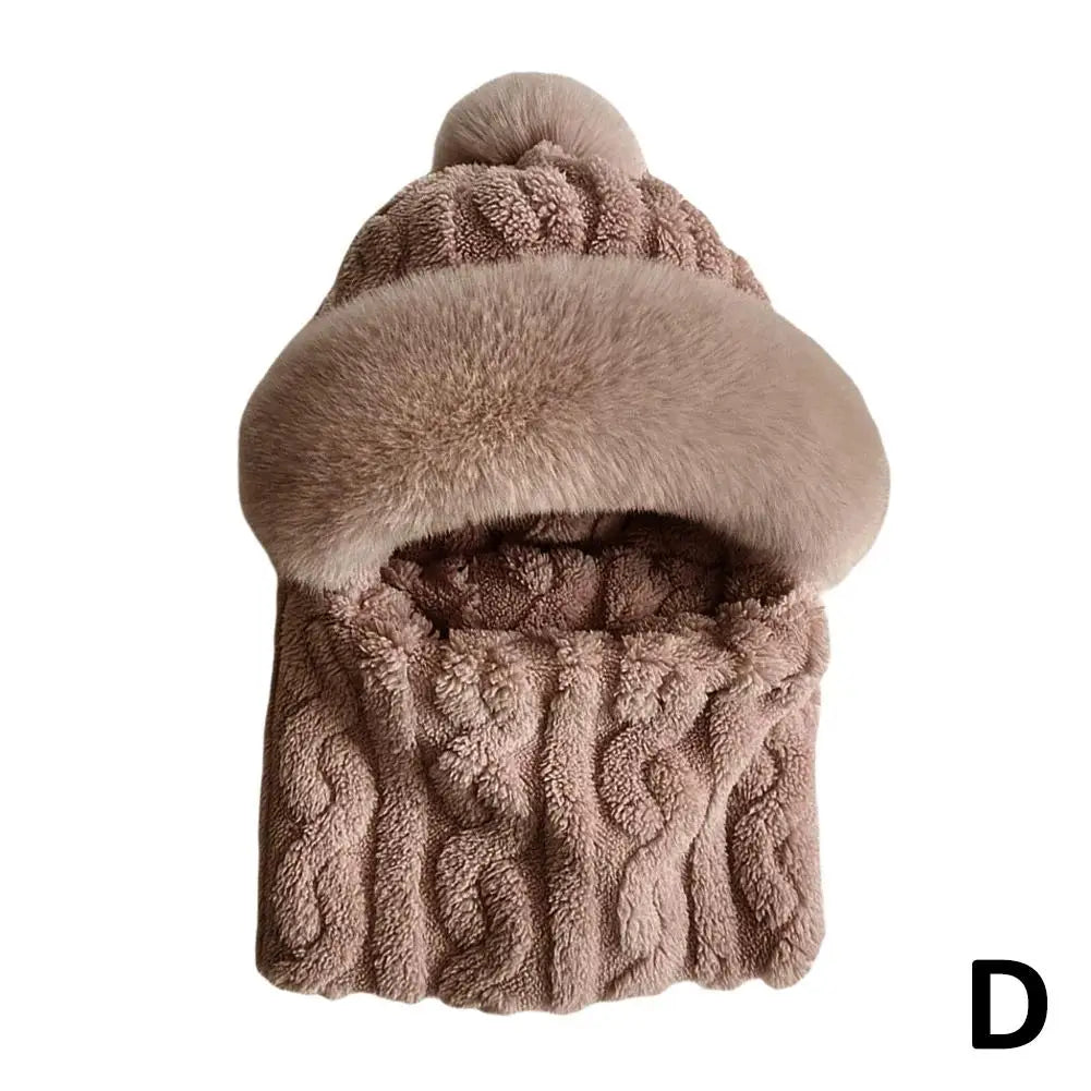 Winter Scarf Set Hooded for Women Plush Neck Warm Russia Outdoor Ski Windproof Hat Thick Plush Fluffy Beanies Cycling Cap Oasis Select coffee One size