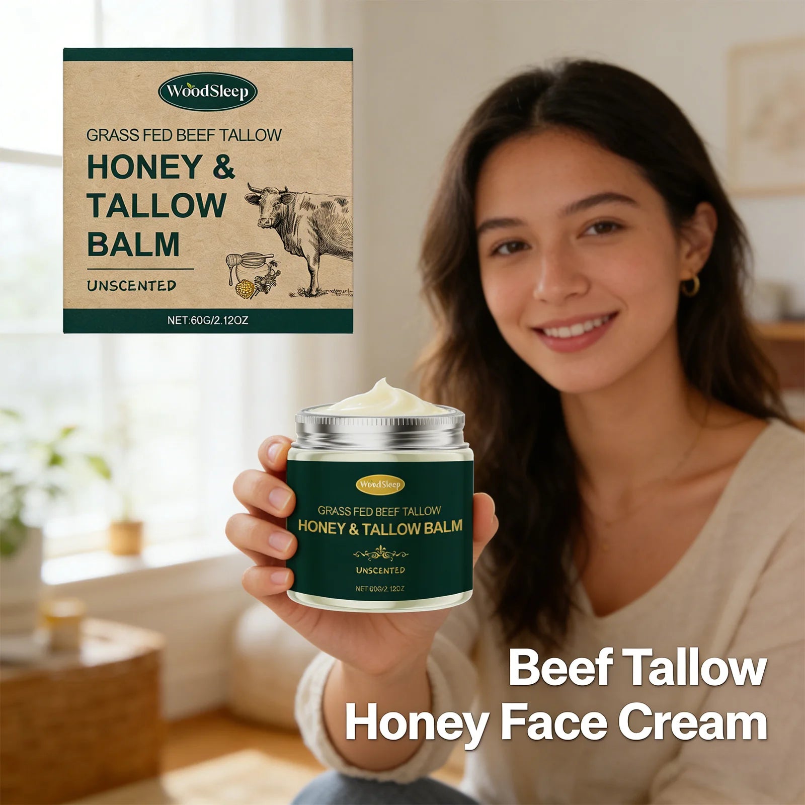 Beef Tallow Honey Face Cream Moisturizing Hydrating Nourishing For Dry Skin Gentle Skin Friendly Daily Facial Care All Skin 60G Oasis Select