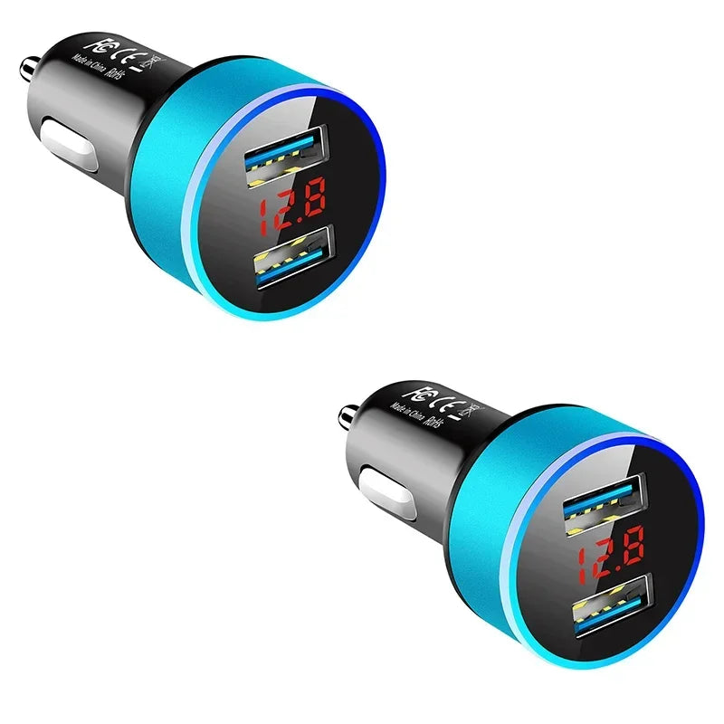1/2pcs Car Charger For Cigarette Lighter Smart Phone USB Adapter Mobile Phone Charger Dual USB Digital Display Voltmeter Oasis Select Blue 2pcs