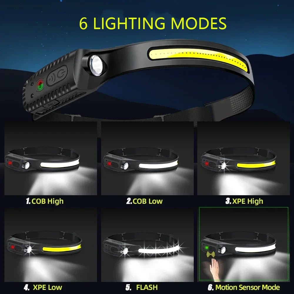 High Strong COB Sensor Head Flashlight USB Rechargeable Waterproof Head Lamp with Built in Battery Fishing Camping Head Light Oasis Select