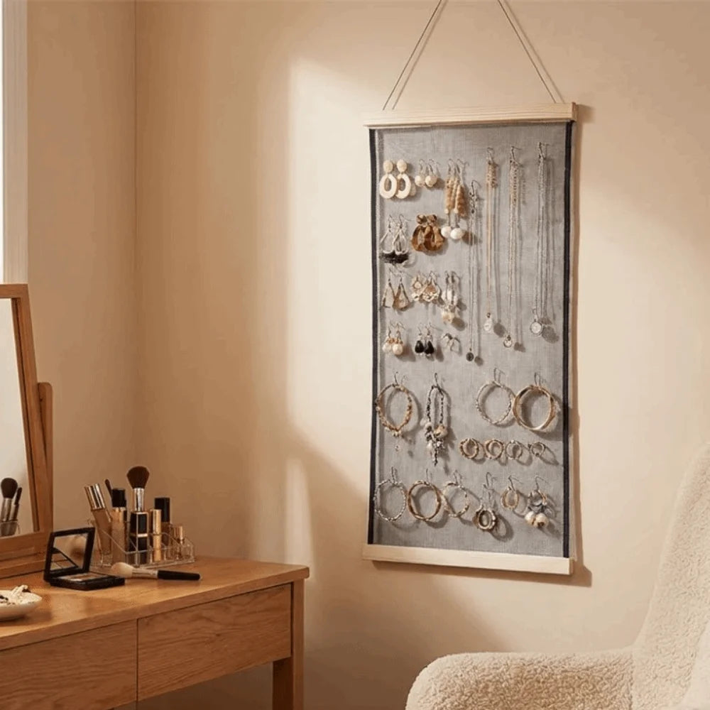 Wood Frame Mesh Grid Jewelry Hanging Display & Storage Rack