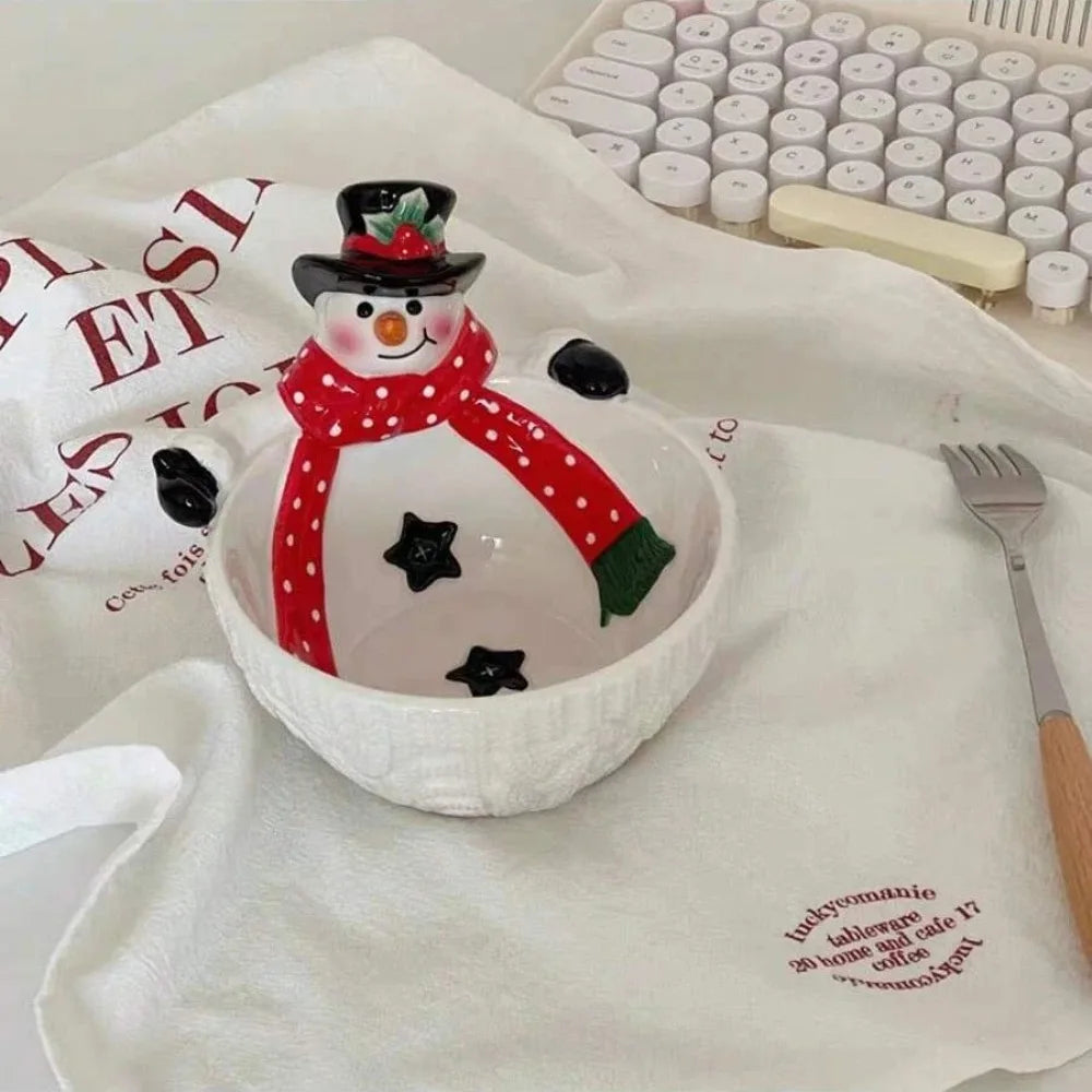 3D Snowman Pattern Plate Ceramic Dinner Plate Bowl Creative Painted Tableware Christmas Dessert Candy Tray Holiday Decor Gift Oasis Select bowl gift box