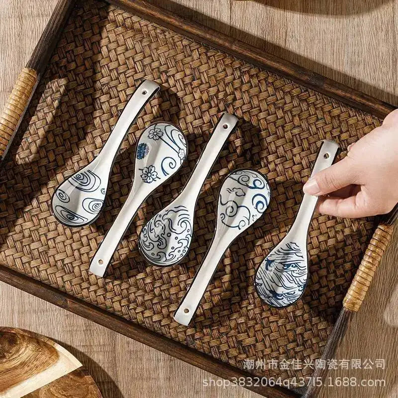 Japanese Blue And White Ceramic Spoon Extended Length For Drinking Soup Kitchen Cooking Utensil Oasis Select