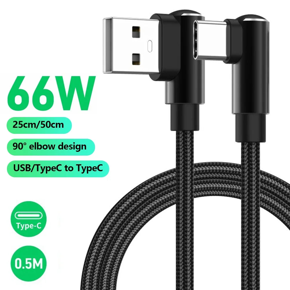 90° Elbow USB-C Fast Charging Cable 66W 6A | 25cm & 50cm
