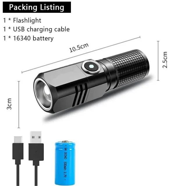 Super Bright Mini LED Flashlight USB Rechargeable Zoom Tactical Flashlight 3 Lighting Mode Outdoor Camping Fishing Torch Oasis Select short With battery