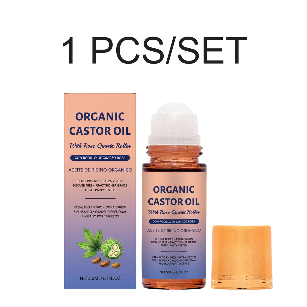 Organic Castor Oil With Rose Quartz Roller Cold Pressed Moisturizing Nourishing Body Face Hair Care Moisturizing Serum 50ml Oasis Select 1 PCS