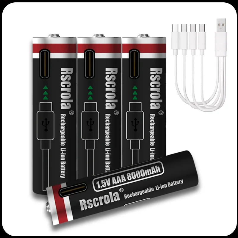 1.5V AAA 8000mAh Lithium Battery - USB Type-C Rechargeable for Portable Speakers, Gamepads, Clocks & Flashlights Oasis Select