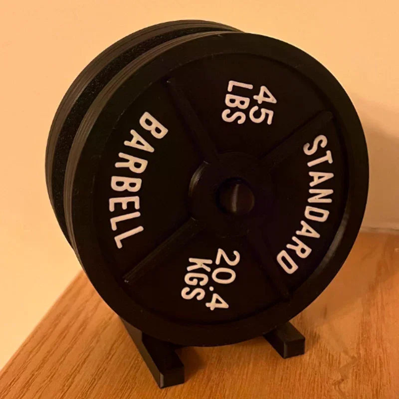 Weight Plate Coaster Set Holder Drink Coaster With Four Black Coasters For Hot Cold Drink For Bar Home Kitchens, Fitness Gyms Oasis Select