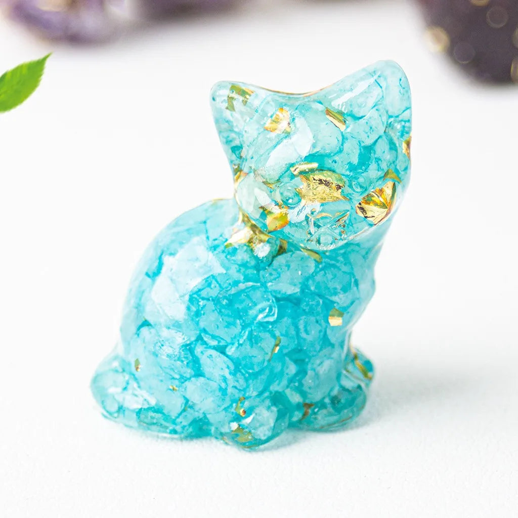 Natural Crystal Gravel Resin Sitting Turning Face Cat Figurine With Gold Foil Cute Desktop Decor For Home Office Oasis Select Light Blue Green