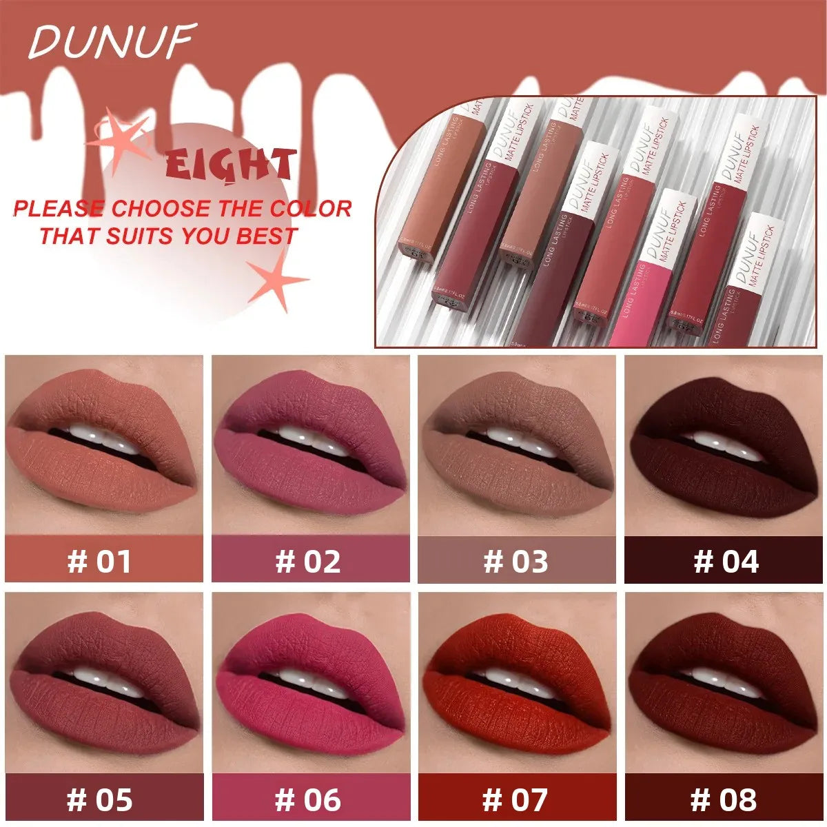 DUNUF 8-Pc Matte Liquid Lipstick Set – Waterproof Lip Gloss