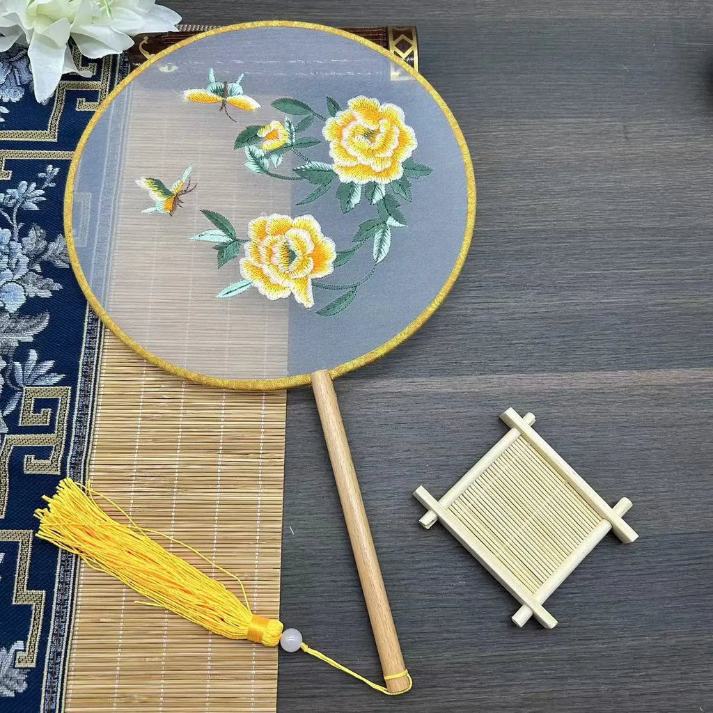 Chinese Style Classical Embroidery Group Fan Gifts Cheongsam Catwalk Photo Props Stage Performance Show Dance Party Round Fan Oasis Select Yellow Peony