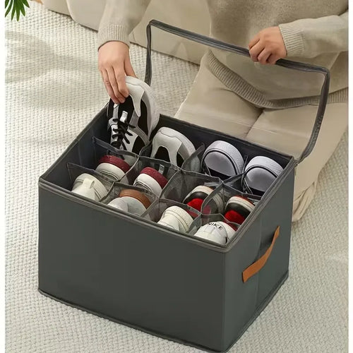 12-Grid Foldable Shoe Organizer with Clear Window and Handle , Collapsible Closet Storage Box for Shoes, Space-Saving Container Oasis Select