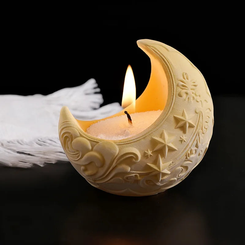 Embossed Moon Candle Holder Mold Star Half Moon Candle Cup Wave Moon Plaster Flower Pot Container Silicone Mold Oasis Select