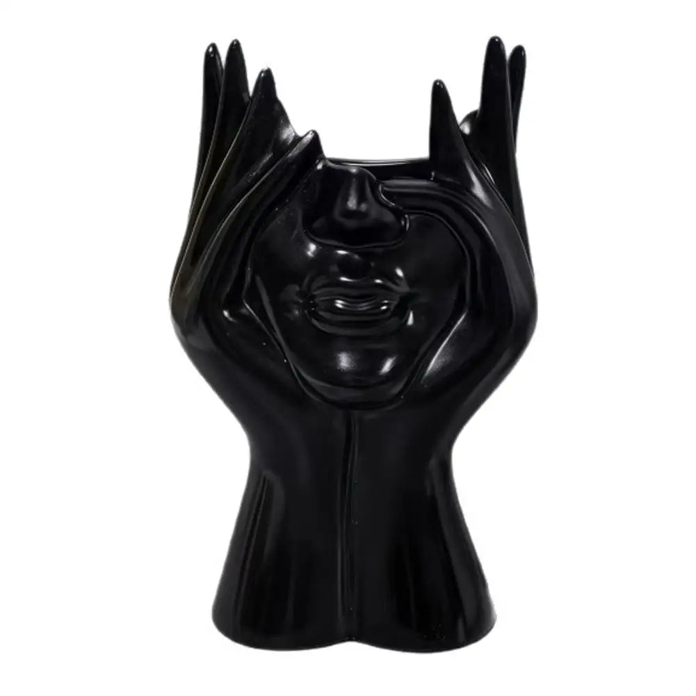 Pen Holder & Desk Decor White Abstract Face Sculpture with Hands, Modern Office Desktop Organizer for Pens, Makeup Brushes Oasis Select B