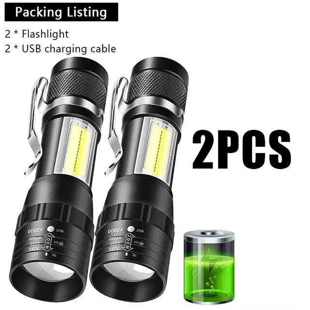 KDULIT Mini Portable Flashlight COB+XPE Zoomable Torch USB Rechargeable Outdoor Camping Fishing Long Range Emergency Lantern Oasis Select 2pcs