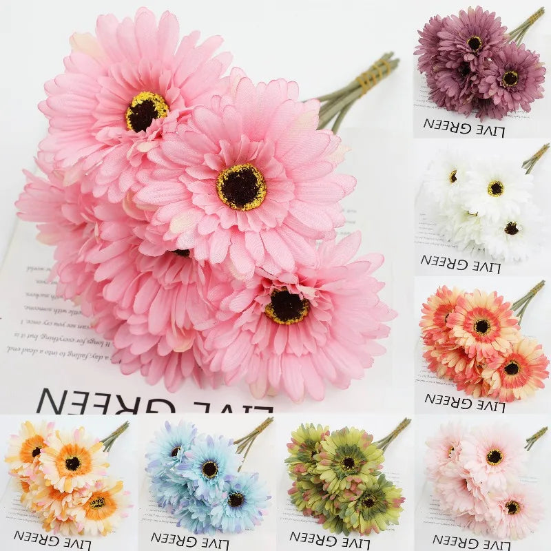 6Pcs Artificial Silk Gerbera Flowers Wedding Bouquet Home Table Hotel Pastoral Decor Floral Arrangement Ornament Oasis Select