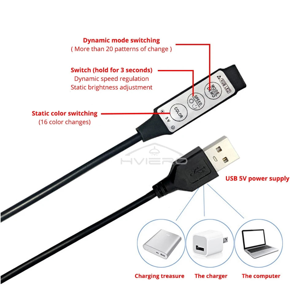 RGB LED Strip Controller DC 5V | 3-Key Dimmer 19 Color Modes