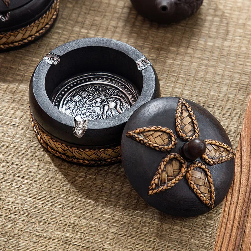 Solid Wooden Ashtray with Cover New Chinese Retro Home Living Room Office Tea Table Zen Decoration Creative Ashtray Oasis Select