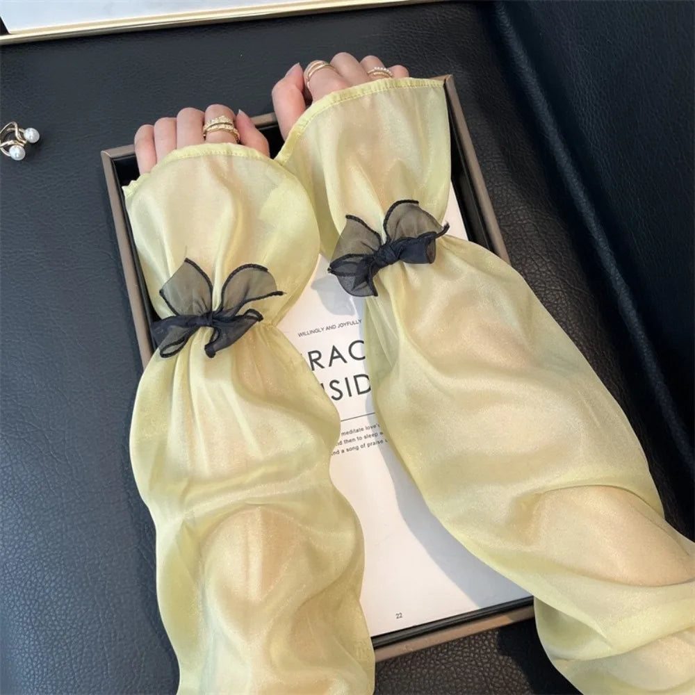 Ice Silk Women's Sun Protection Sleeves Bow Decor Loose Fit Arm Sleeve UV Protection Fairy Style Ice Sleeves Summer Outdoor Oasis Select Green