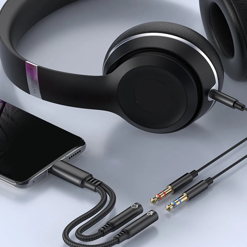 USB-C to Dual 3.5mm Audio Adapter DAC Microphone Connector Cable for Phone15 16 Oasis Select