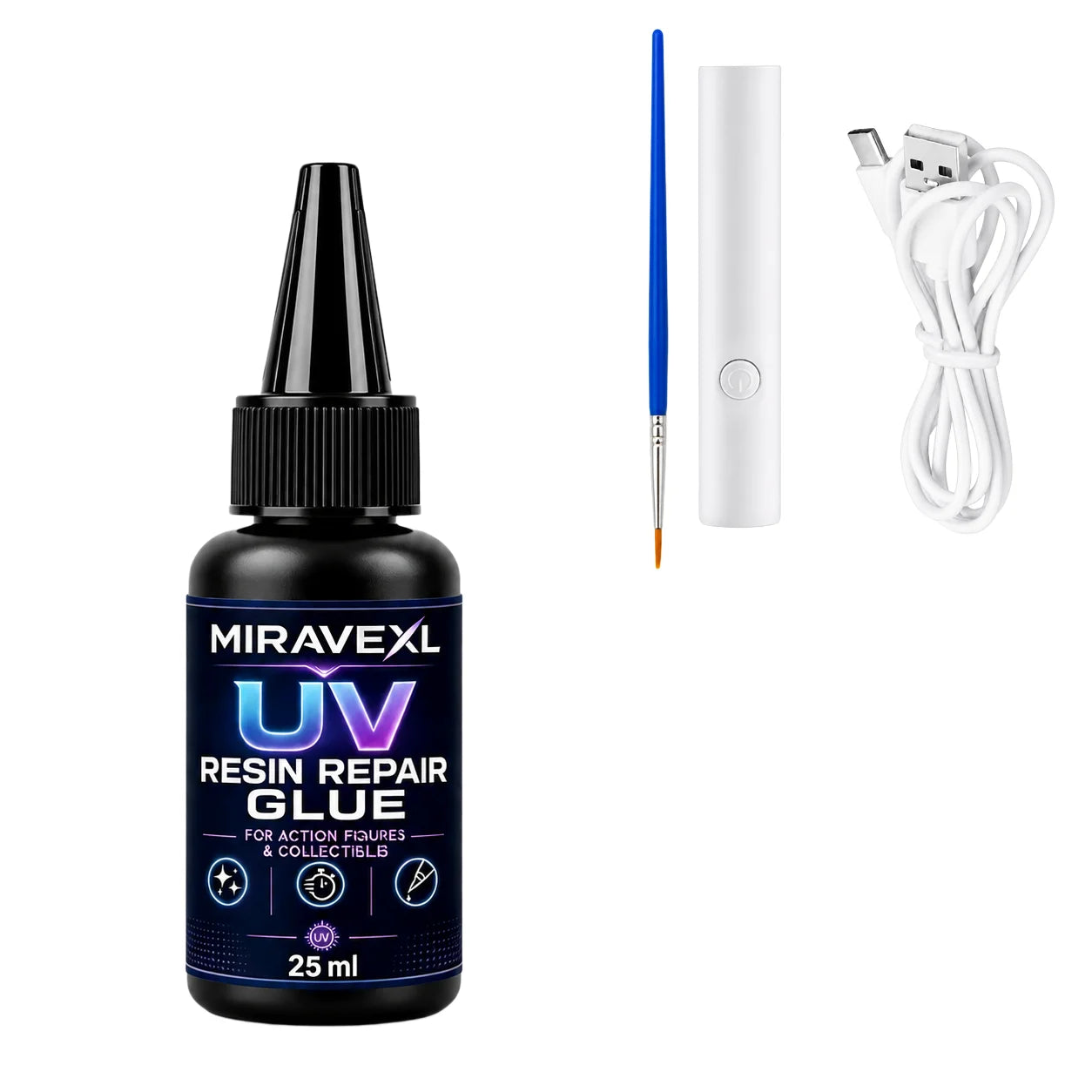 MIRAVEXL UV Resin Repair Glue 25ml/50ml for Action Figures Collectibles, Fast Curing ClearAdhesive with UV Light Brush Kit Pack Oasis Select 25ml