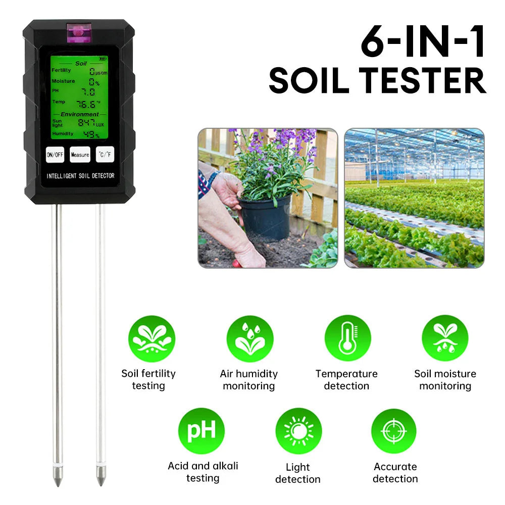 Digital Soil PH Meter 6 in 1 Multifunctional Soil Moisture Tester ℃/℉ Temperature Meter Light Meter Soil Quality Detector Oasis Select